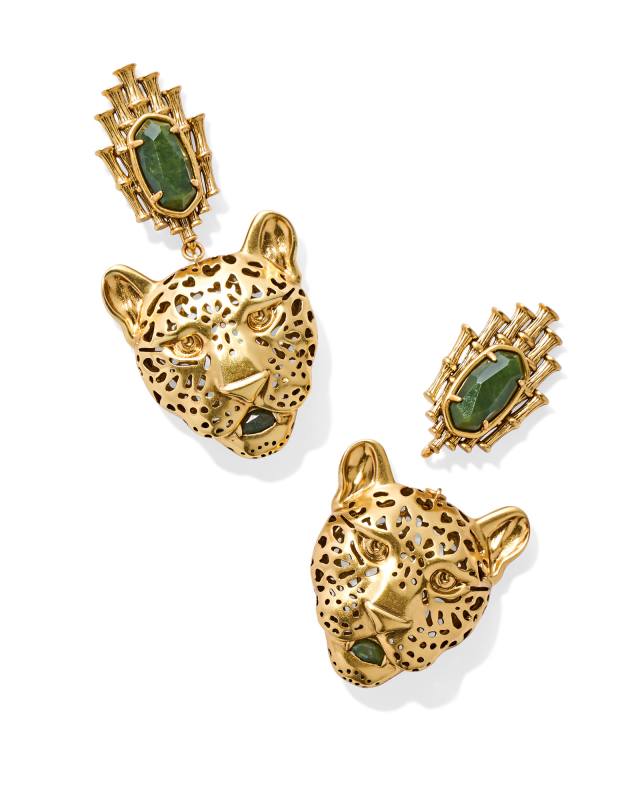 Maura Vintage Gold Jaguar Statement Earrings in Sage Serpentine image number 1.0